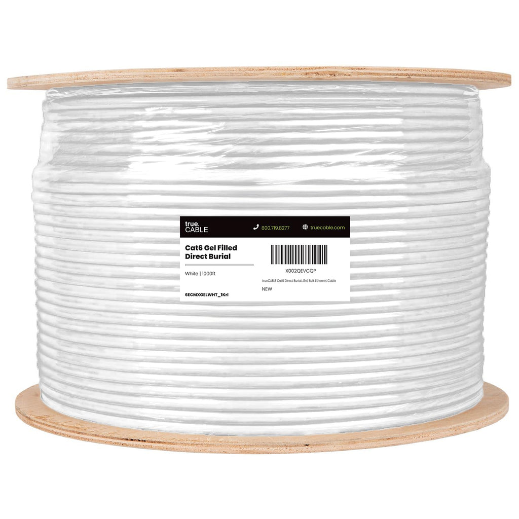 TRUE CABLE Cat6 Direct Burial Bulk Ethernet, Gel Filled, Unshielded, 500ft, Black, Outdoor OSP Jacket, Waterproof, UV Resistant, 23AWG Solid Bare Copper, 550MHz, PoE++ (4PPoE)