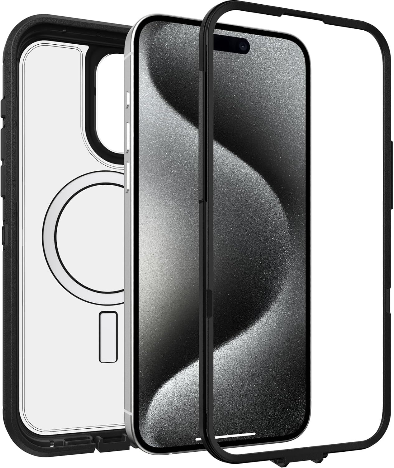 OtterBox iPhone 15 Pro MAX (Only) Defender Series XT Clear Case - Dark Side (Black/Clear), screenless, Rugged, Snaps to MagSafe, Lanyard Attachment