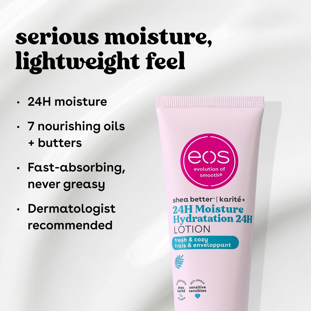eos 24H Moisture Travel Body Lotion- Fresh & Cozy, Travel Size Essential, Toiletries, Mini Body Lotion, 2.5 fl oz