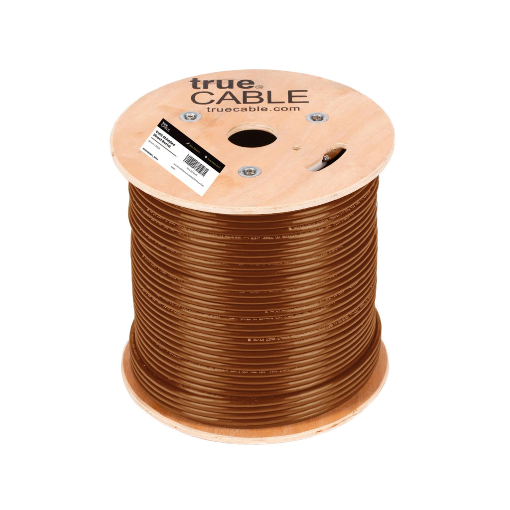 TRUE CABLE Cat6 Direct Burial Outdoor Bulk Ethernet Cable, Shielded F/UTP, 500ft, Brown, 23AWG Solid Bare Copper, Heavy Duty Outdoor, OSP Jacket, Waterproof, UV, 550MHz, PoE++ 100W (4PPoE)