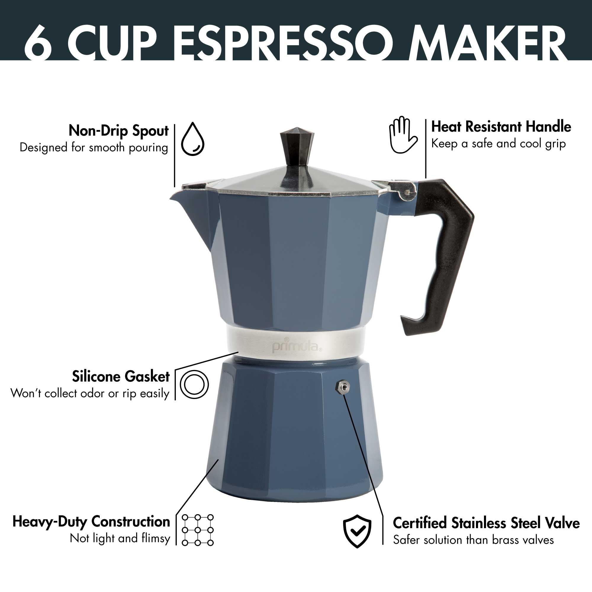 Primula Classic Moka Pot Stovetop Espresso and Coffee Maker, Italian and Cuban Cafetera for Rich Espresso Brewing, Durable Aluminum Greca Coffee Maker with Easy Grip Handle, 6-Cup, Black