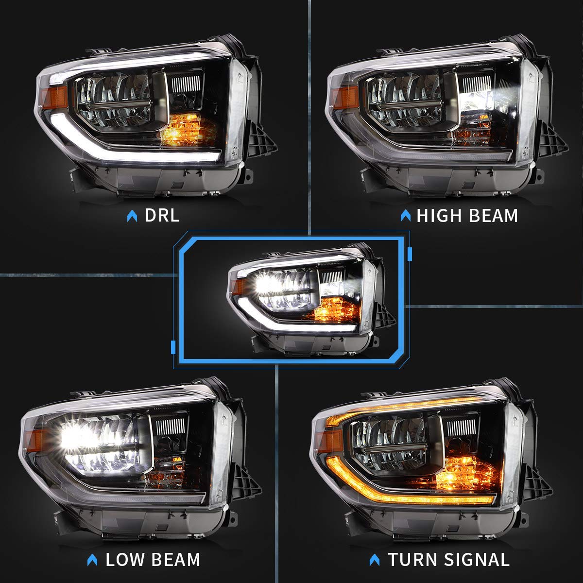 VLAND LED Headlights Compatible with Toyota Tundra 2007-2013/ Sequoia 2008-2021 w/Sequential Turn Signal, w/Diamond White DRL w/LED Reflection bowl Amber Reflector Black Trim Panel