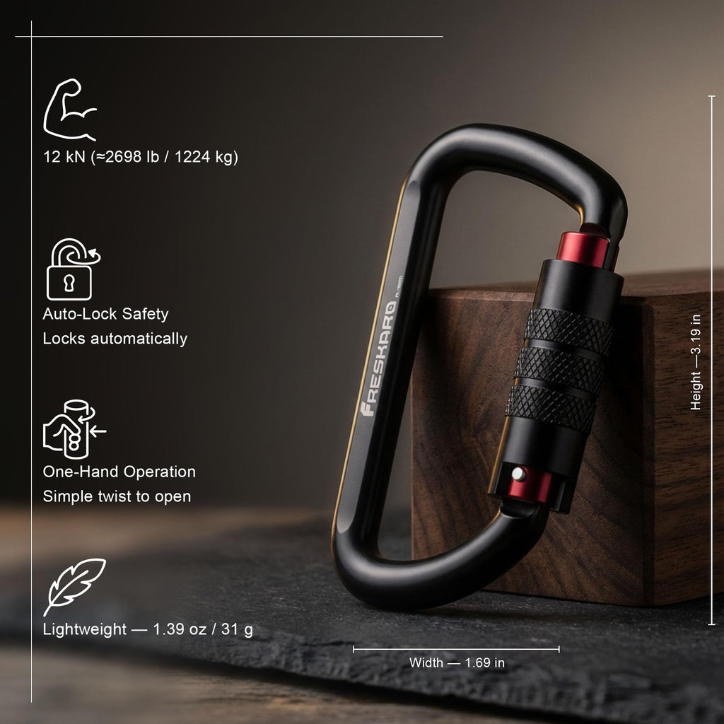 FresKaro 3inch 12kN-2698lbs Auto Locking Carabiner Clips, Solid D Shape, Heavy Duty 7075 Aluminum, Lightweight 1.09oz, Rust Proof, for Hammock, Hiking, Dog Leash, Keychain etc., Multi-Colors