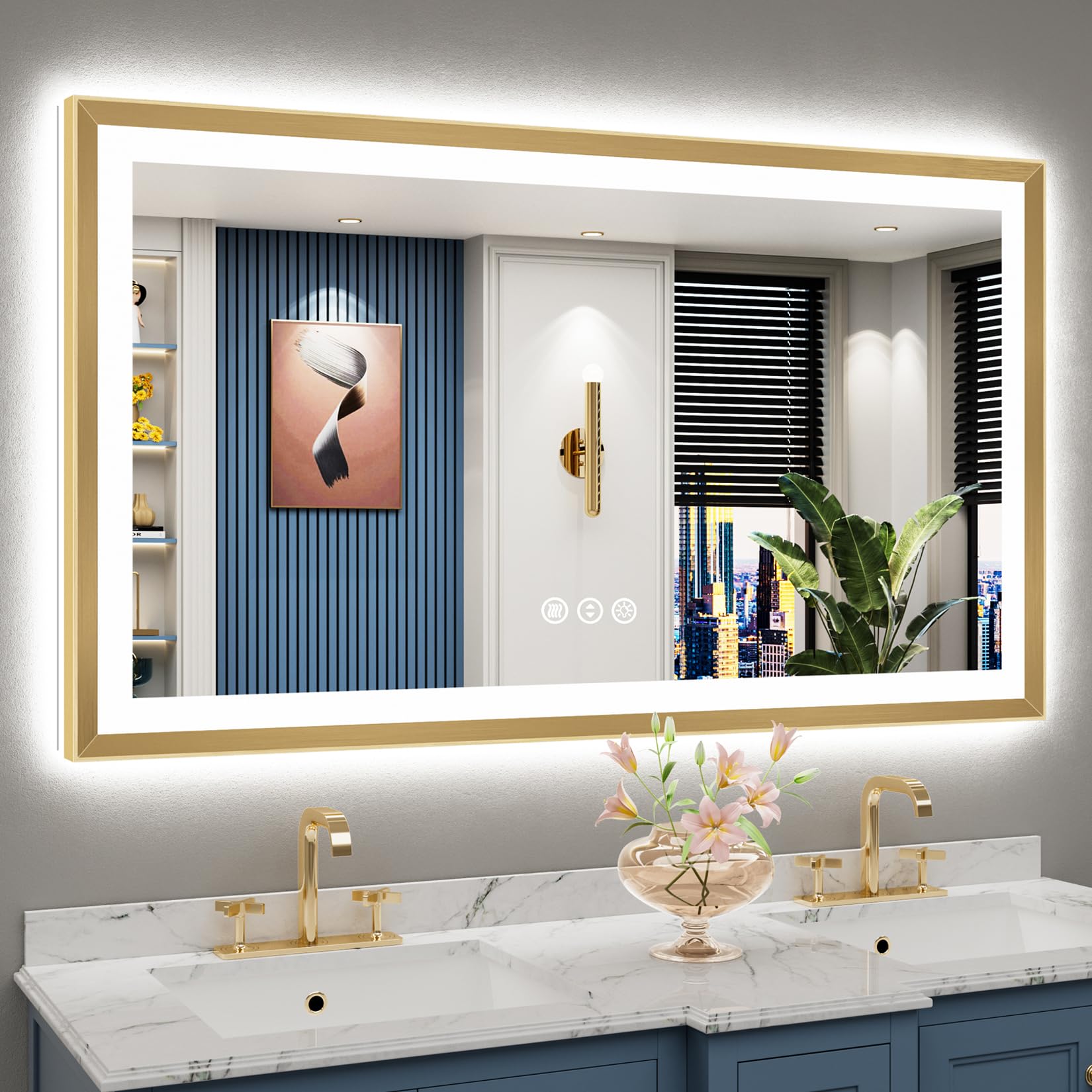 24x36 Gold Beveled LED Bathroom Mirror with Lights, Brushed Gold Framed Backlit and Front Lit Anti-Fog Lighted Vanity Mirrors for Bathroom Wall, Dimmable, 3 Colors, Memory, HD Tempered Glass