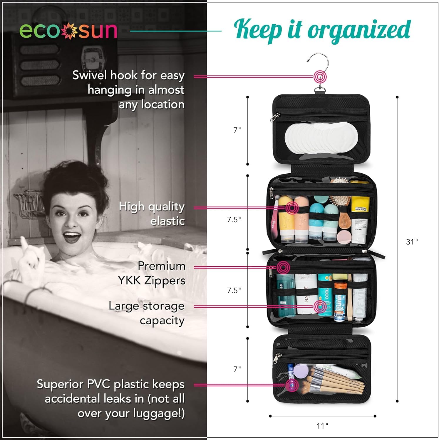 Eco Sun Hanging Travel Toiletry Bag — Designed in Hawaii — Water-resistant Travel Organizer for Bathroom Accessories (Black)