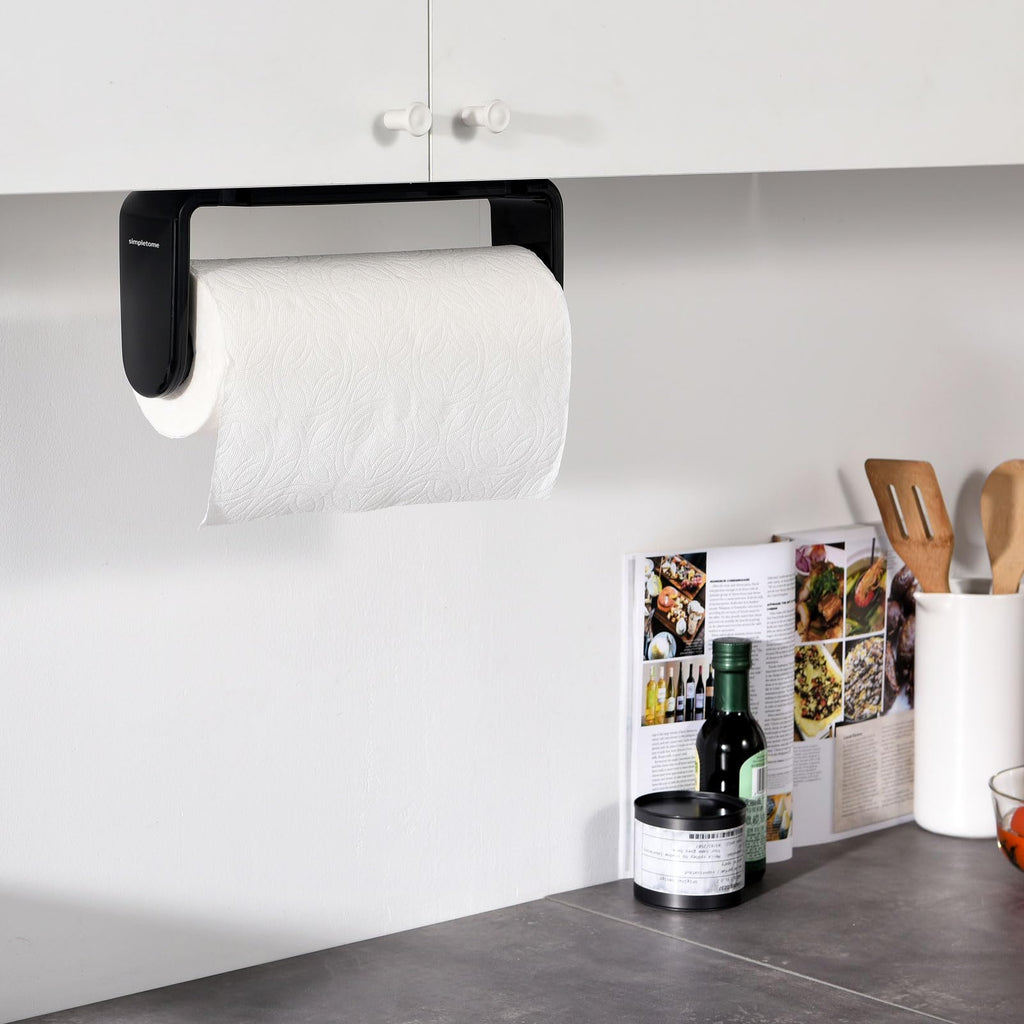 simpletome Paper Towel Holder ONE Hand Tear Adaptive Tension Arm Adjustable Length 9.4-11inch/24-28cm (Black) | adaptive adjustable tension arm | tear one/more sheets at one time | adhesive or drilling | abs plastic | easy to replace