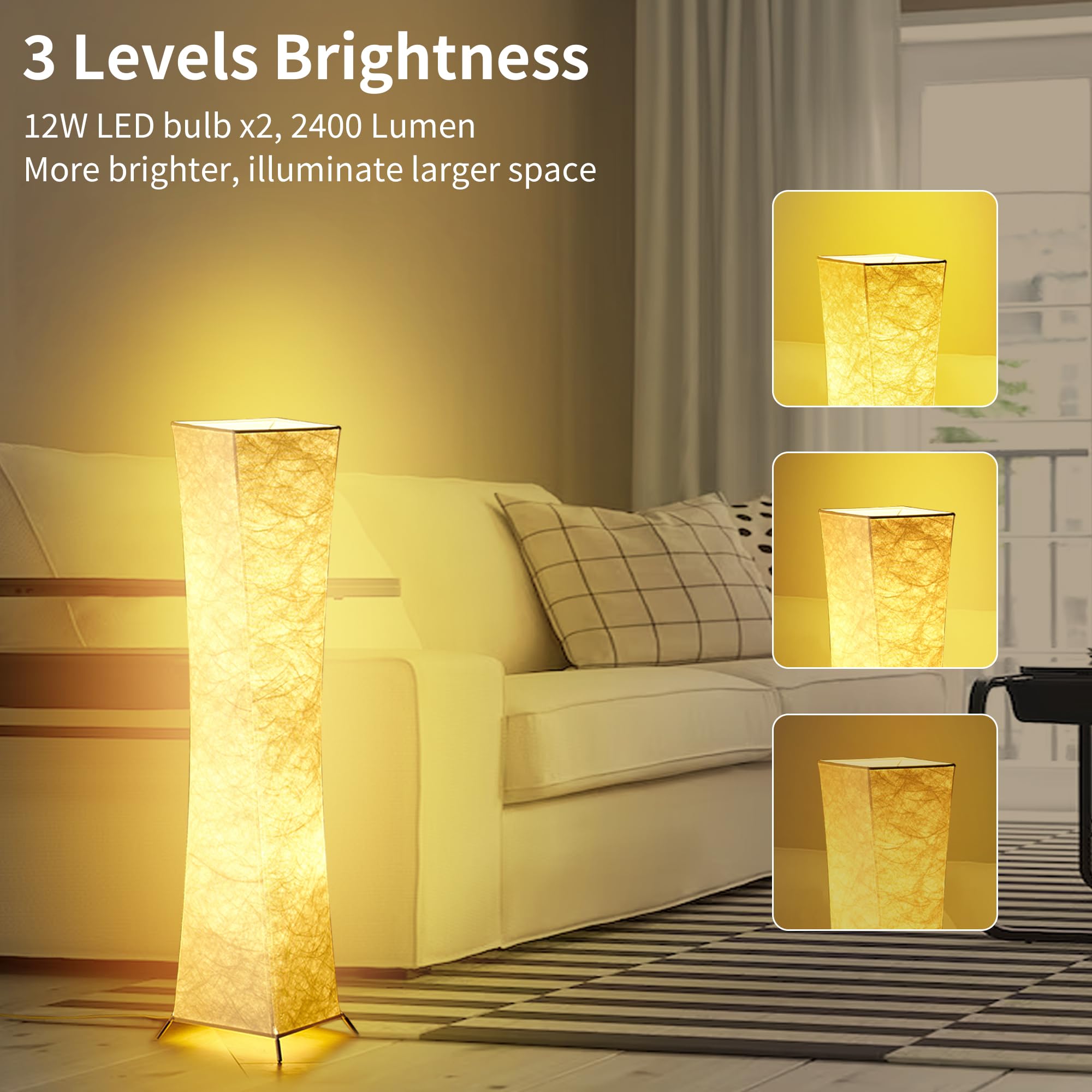 chiphy Floor Lamp, Dimmable 39" (XS) Tall Standing Lamp, 3 Levels Adjustable Brightness 12Wx2 LED Bulbs, Column Floor Light w/White Fabric Shade, Home Decor for Living Room, Bedroom, Kids Room