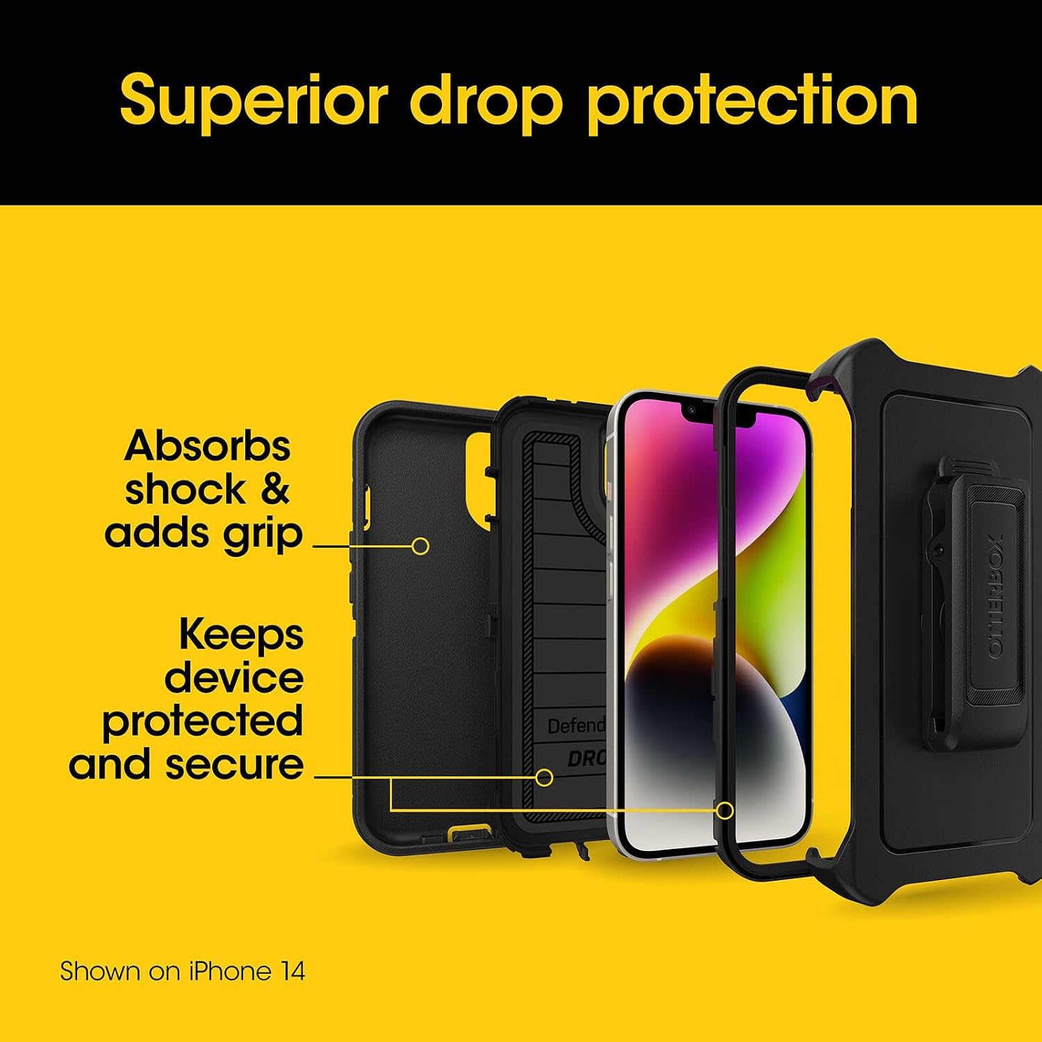 OtterBox iPhone 15, iPhone 14, and iPhone 13 Defender Series Pro Case - Black, screenless, Rugged & Durable, with Port Protection, Includes Holster Clip Kickstand