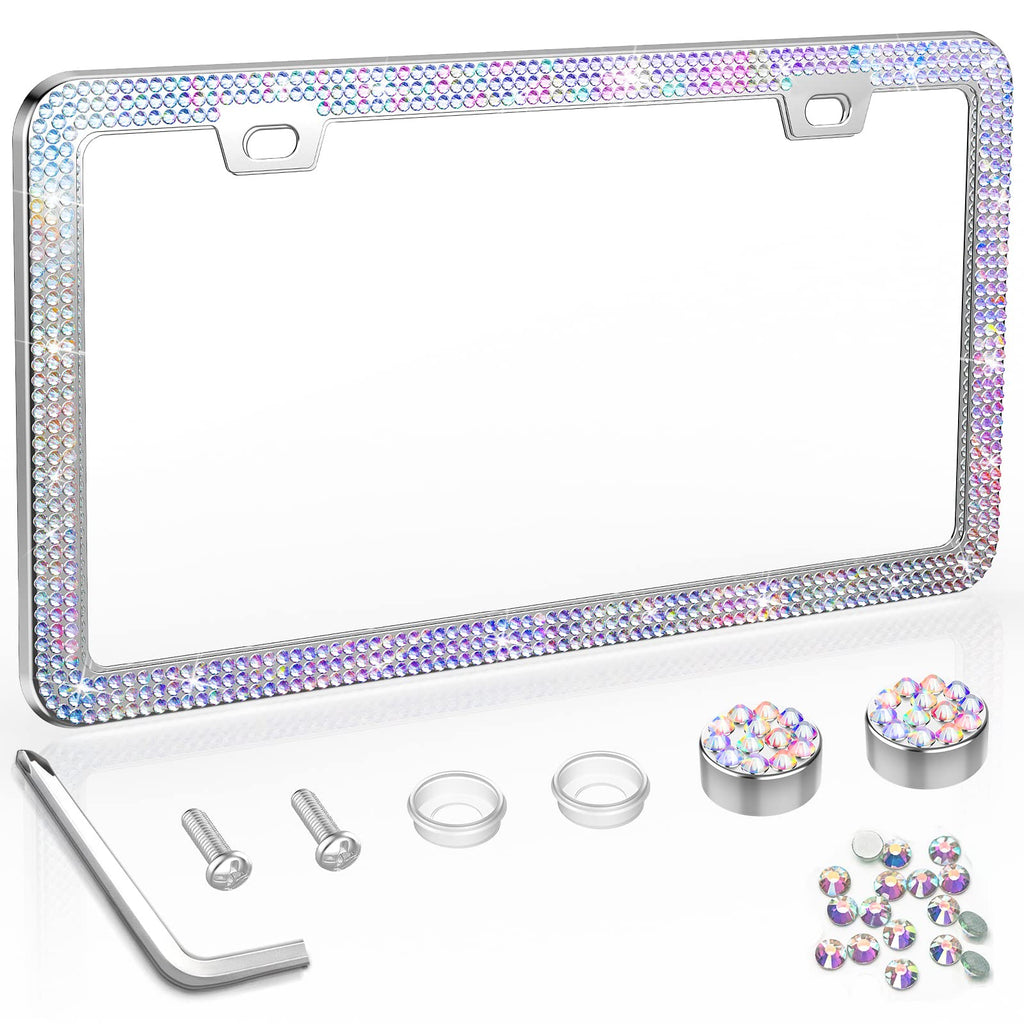 QiqaMole 2 Pack License Plate Frame Include 1 Silicone License Plate Frame and 1 Crystal License Plate Cover with Rhinestone Crystal Diamond Screw Set Car Bling License Plate Frame (Black + AB Color)