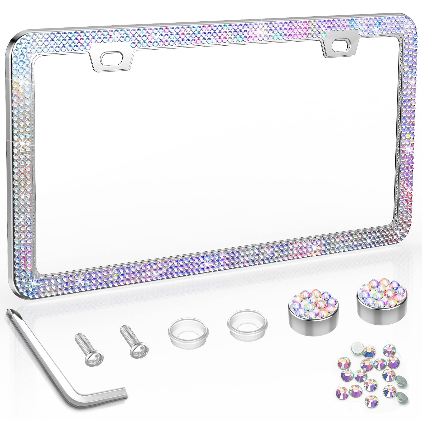 QiqaMole 2 Pack License Plate Frame Include 1 Silicone License Plate Frame and 1 Crystal License Plate Cover with Rhinestone Crystal Diamond Screw Set Car Bling License Plate Frame (Black + AB Color)