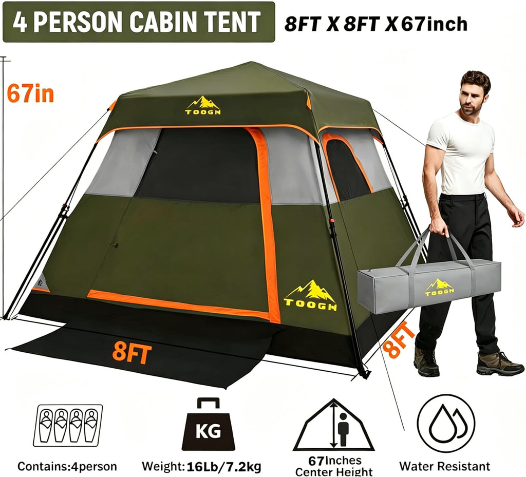 3/4 Person Camping Tent with 1 Door, 4 Windows, and Upgraded Ventilation– Instant Setup, Waterproof, 8'x 8'x 67''Oxford Fabric Floor Pop Up in 60 Seconds Includes Rainfly and Backpack