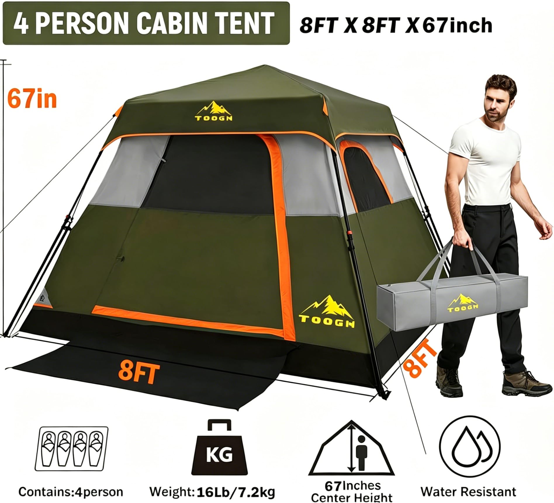 3/4 Person Camping Tent with 1 Door, 4 Windows, and Upgraded Ventilation– Instant Setup, Waterproof, 8'x 8'x 67''Oxford Fabric Floor Pop Up in 60 Seconds Includes Rainfly and Backpack