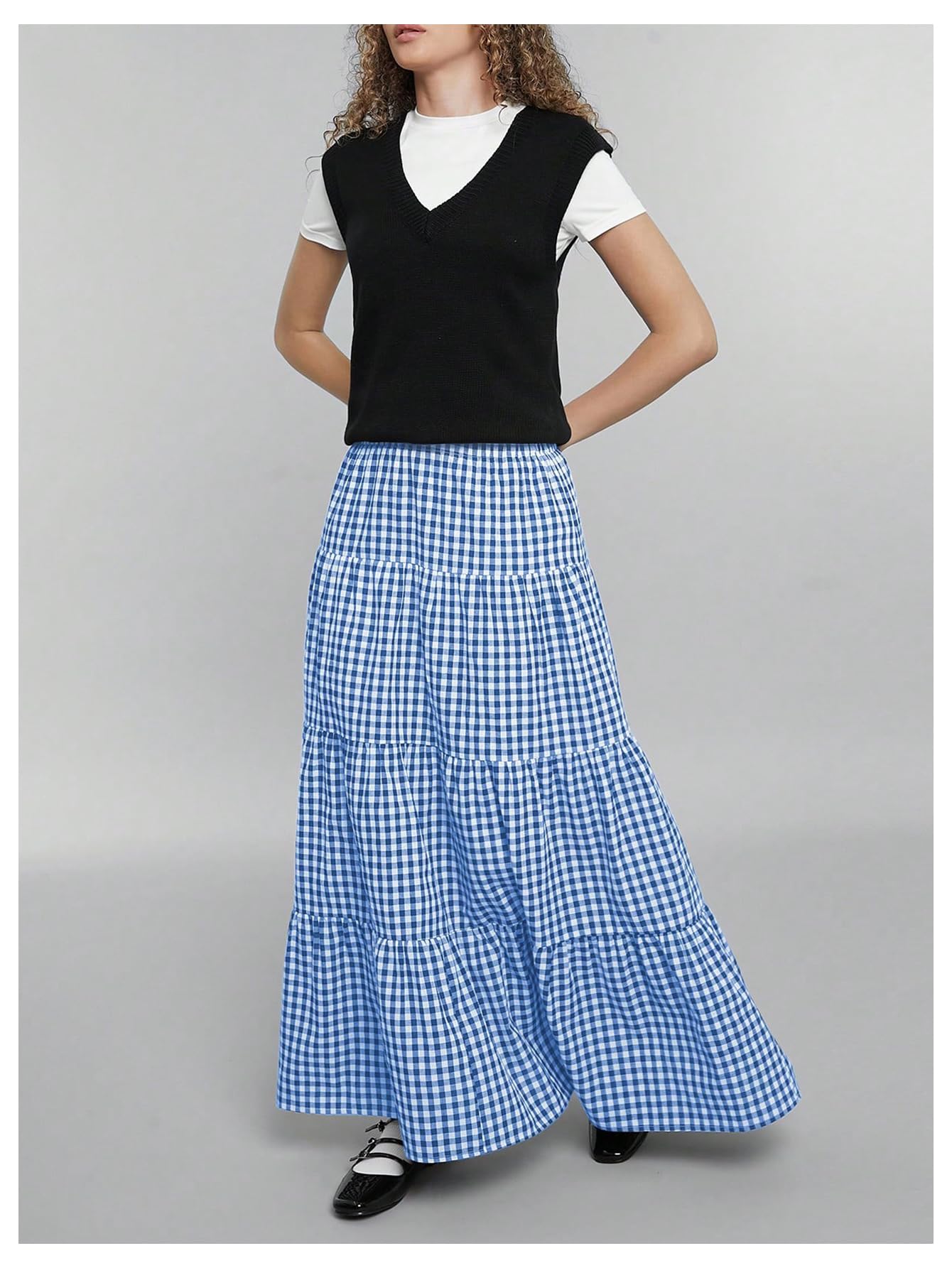 MakeMeChic Women's Plaid Maxi Skirts A Line Ruffle Tiered Layer Y2K Flowy Casual Long Skirts
