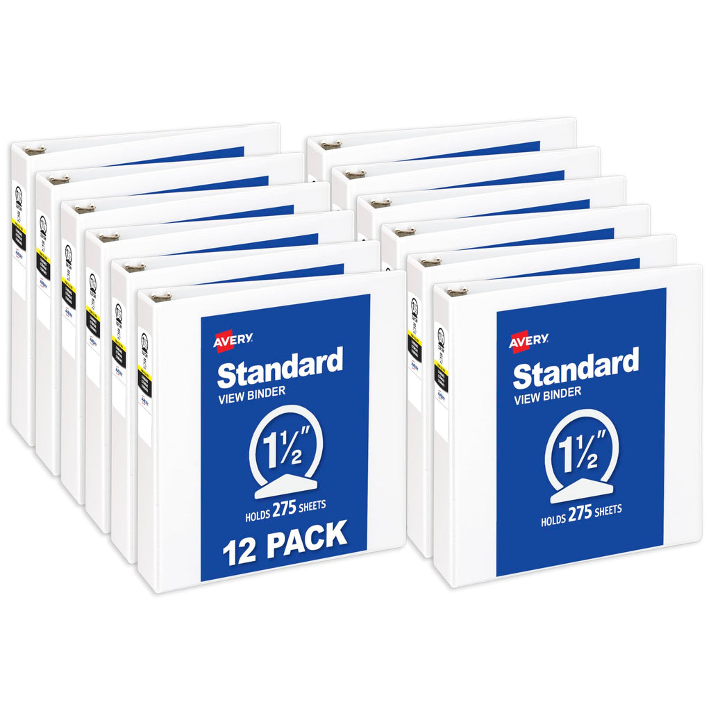 Avery Standard View 3 Ring Binders, 0.5" Round Rings, 100-Sheet Capacity, 0.7 Inch Wide Spine, White Binders, Ideal for Lightweight Organization and Occasional Referencing (12-Pack of 05706)