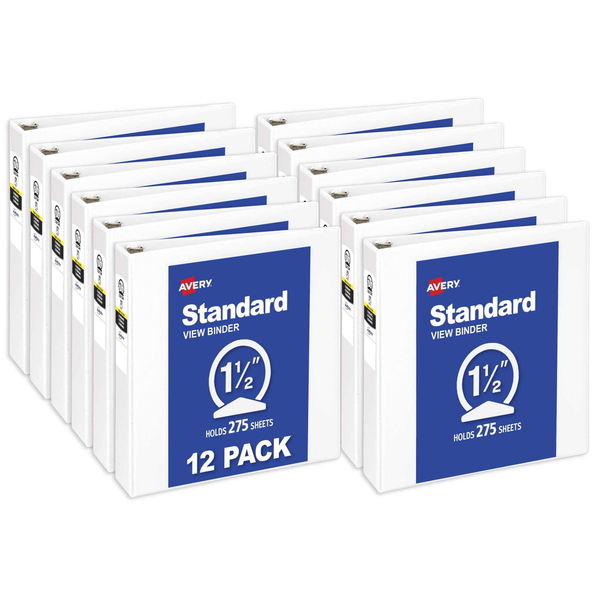 Avery Standard View 3 Ring Binders, 0.5" Round Rings, 100-Sheet Capacity, 0.7 Inch Wide Spine, White Binders, Ideal for Lightweight Organization and Occasional Referencing (12-Pack of 05706)