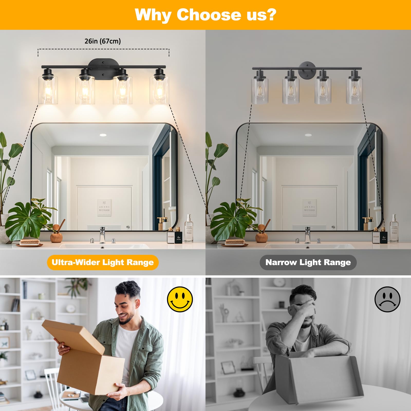 Unicozin 2 Pack Modern Bathroom Light Fixtures, 3 Light Vanity Lights, Black Wall Lamp with Clear Glass for Bathroom, Mirror, Living Room, Bedroom, Hallway, E26 Base