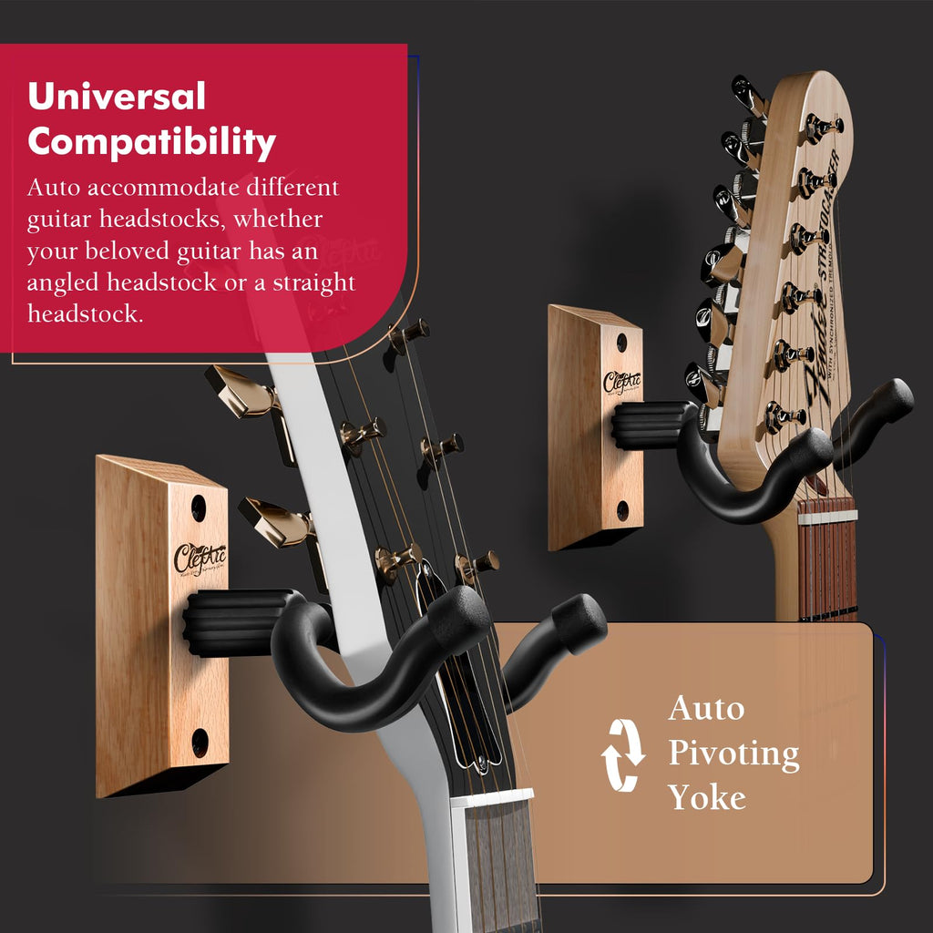 Guitar Wall Mount Beech Wood - 2 Pack U-Shape Guitar Wall Hangers, Guitar Picks, Pick Holder, Guitar Stand Wall, Guitar Hanger, Gifts for Guitarists, with 6 Assorted Guitar Picks