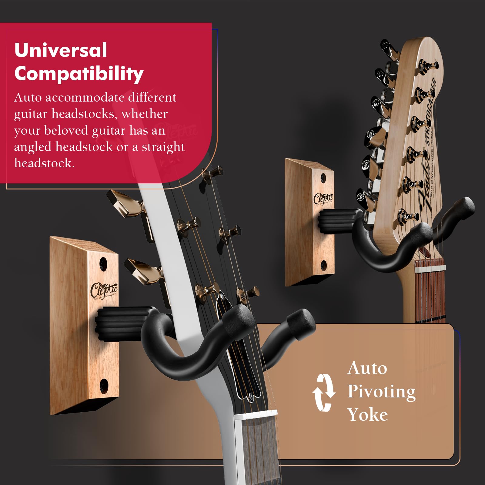 Guitar Wall Mount Beech Wood - 2 Pack U-Shape Guitar Wall Hangers, Guitar Picks, Pick Holder, Guitar Stand Wall, Guitar Hanger, Gifts for Guitarists, with 6 Assorted Guitar Picks