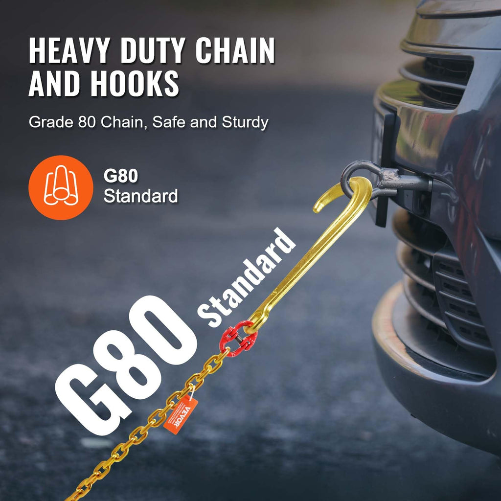 VEVOR G80 V Bridle Chain, 3/8" x 2' Towing Chain Bridle with 15" J Hooks, T Hooks & Grab Hooks, Heavy Duty Transport Tow Chain Bridle with 7800 lbs Safe Working Load for Flatbed Truck Wrecker Recovery