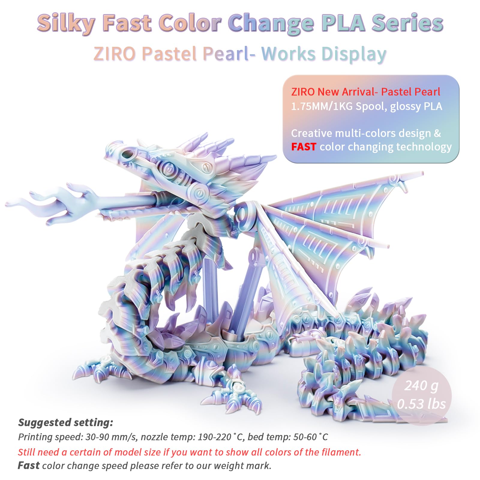 ZIRO Fast Color Change PLA, 1.75mm Color Gradient Filament, Glossy Rainbow PLA Filaments, Fit Most 3D Printer Pen, Shiny Surface 1KG/2.2lbs Spool, Aqua Sky (Silk)