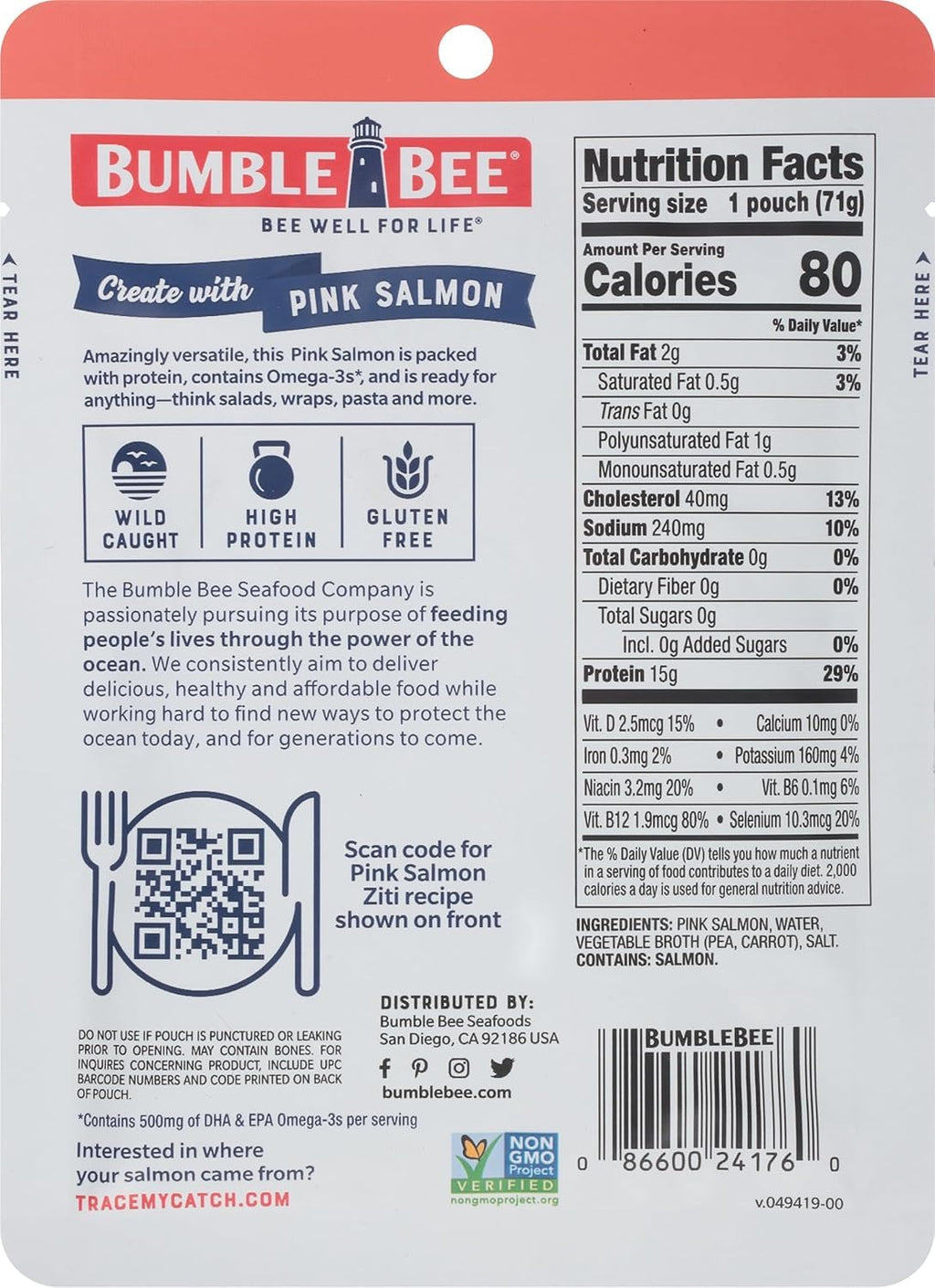 Bumble Bee Skinless & Boneless Pink Salmon, 5 oz Pouch - Premium Wild Caught Salmon for Snacks, Sandwiches & Recipes - 29g Protein per Serving - Gluten Free, Kosher, MSC Certified
