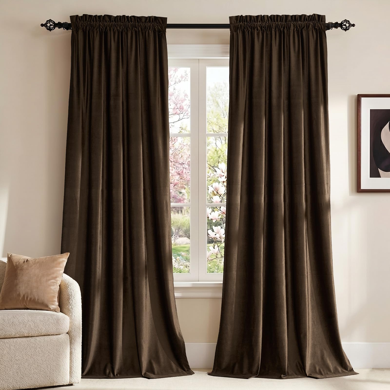 Champagne Beige Velvet Curtains 63 inches for Living Room Luxury Room Darkening Curtain Elegant Bedroom Thermal Insulated Modern Heavy Thick Soft Soundproof Rod Pocket Window Drapes Set of 2 Panels