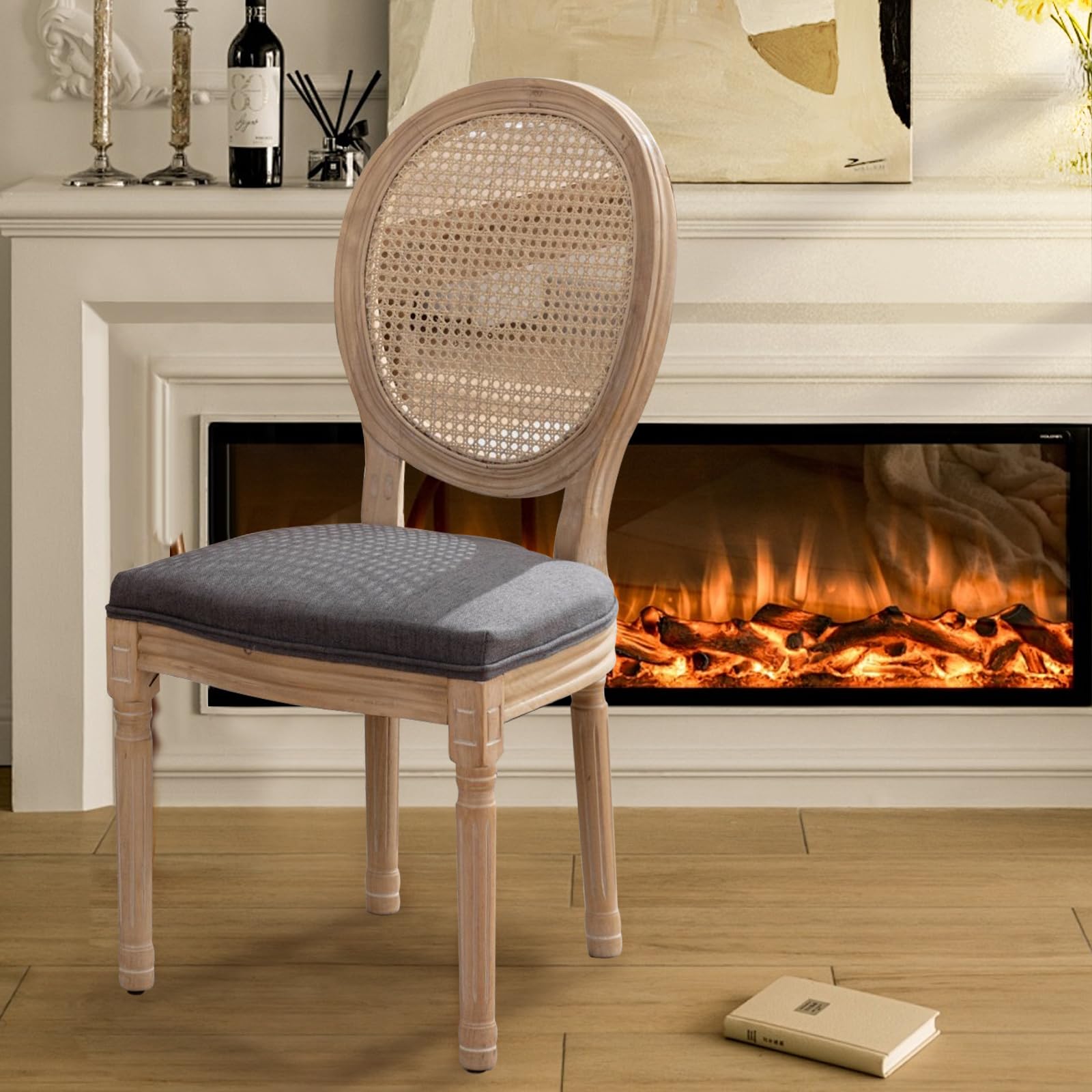 SoarFlash Linen French Dining Chairs Set of 2, Vantage Dining Chair with Round Back, Wood Leg Farmhouse Country Dining Chair for Living Room,Kitchen,Bedroom,Beige