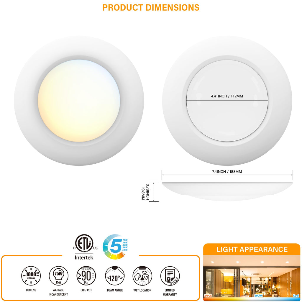 6 Inch LED Low Profile Disk Light with Night Light, 120VAC, 15W, 5CCT Color Changing, 1000LM, Dimmable, ETL, Shower Wet Rated Screw in Flush Mount Ceiling Light, White/1 Pack