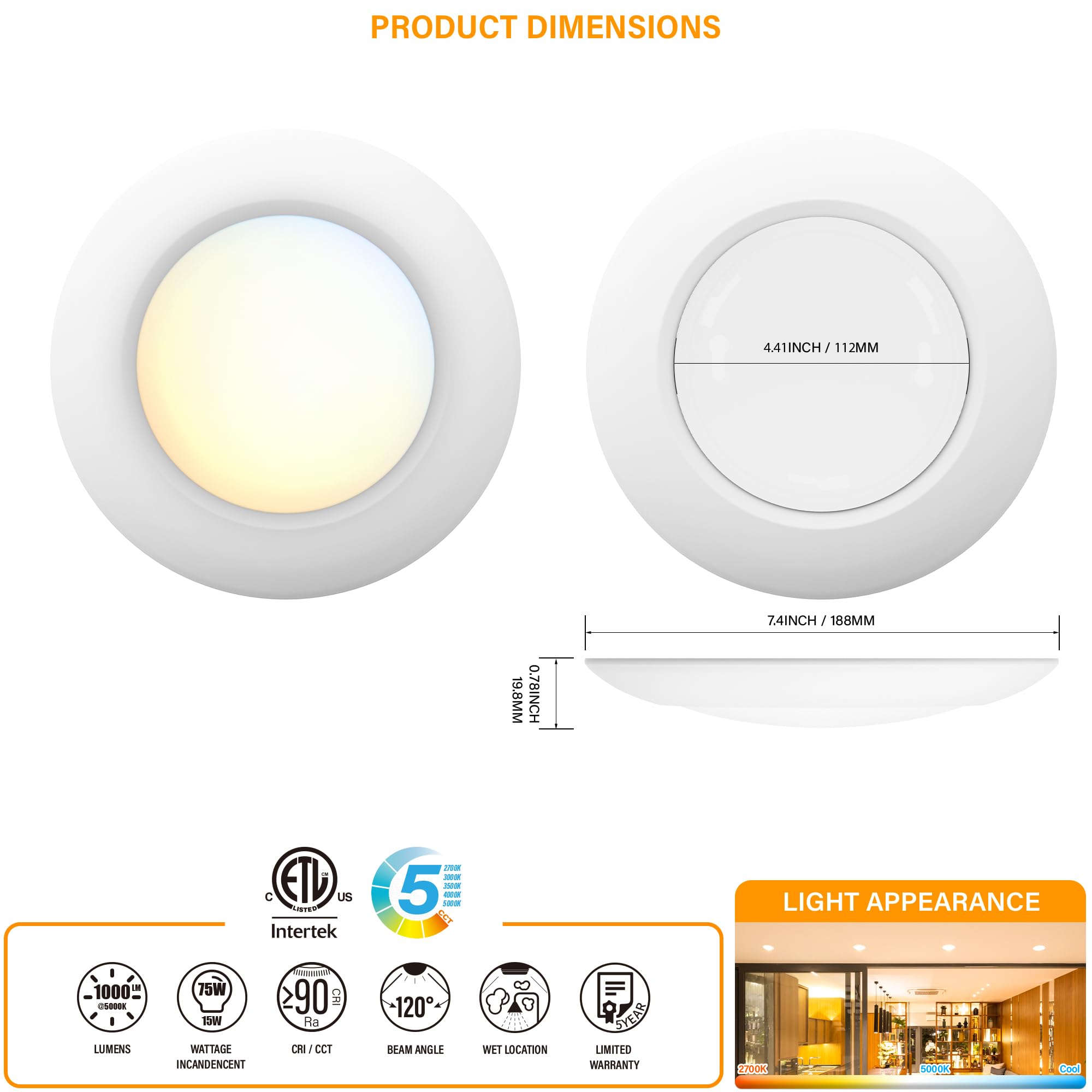 6 Inch LED Low Profile Disk Light with Night Light, 120VAC, 15W, 5CCT Color Changing, 1000LM, Dimmable, ETL, Shower Wet Rated Screw in Flush Mount Ceiling Light, White/1 Pack