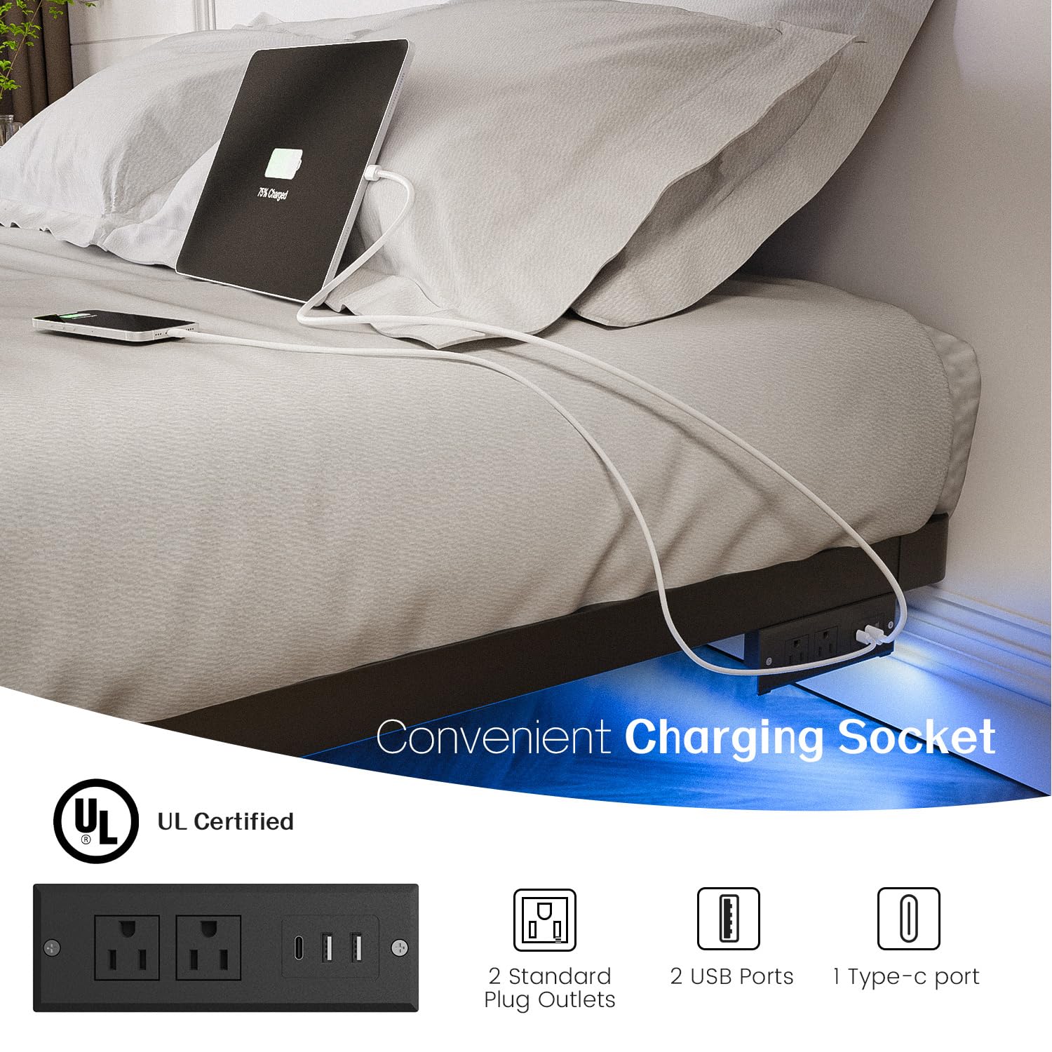 OLEVS Floating Bed Frame Full Size with Smart LED Lights and Charging Station - Modern Metal Platform Bed, Easy Assembly No Box Spring Needed