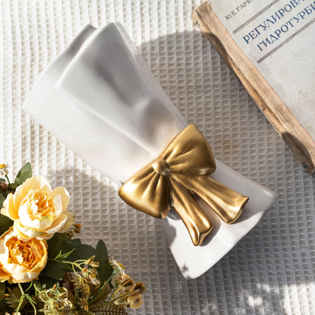 Relexome Beige Ceramic Bow Vase 9.64 in Unique Cute Modern Decorative Bouquet Flower Vases for Home Living Room Table Decor Women Girl Gifts