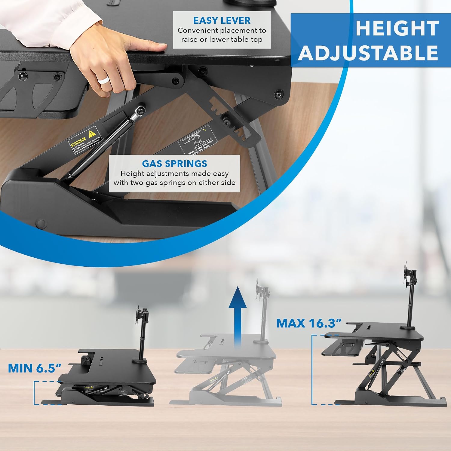 Mount-It! Standing Desk Converter Dual Monitor, 2 Screen Mounts Included, Height Adjustable Desk Riser in Black, Stand Up Desk Convertor Large 36" Wide, Sit Stand Convertor with Manual Lift Gas Spring
