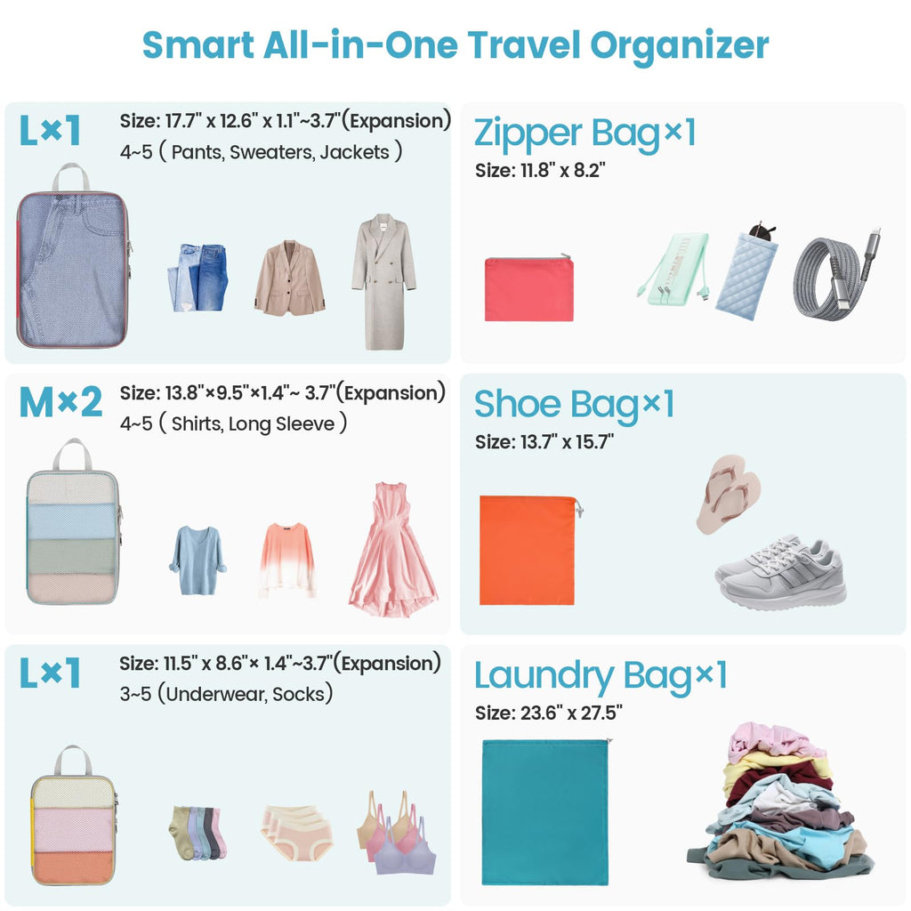 Cambond Compression Packing Cubes for Travel - Lightweight Expandable Travel Bags Luggage Organizers Travel Essentials Compression Cubes for Travel Space Saver for Carry on Suitcases Organizer