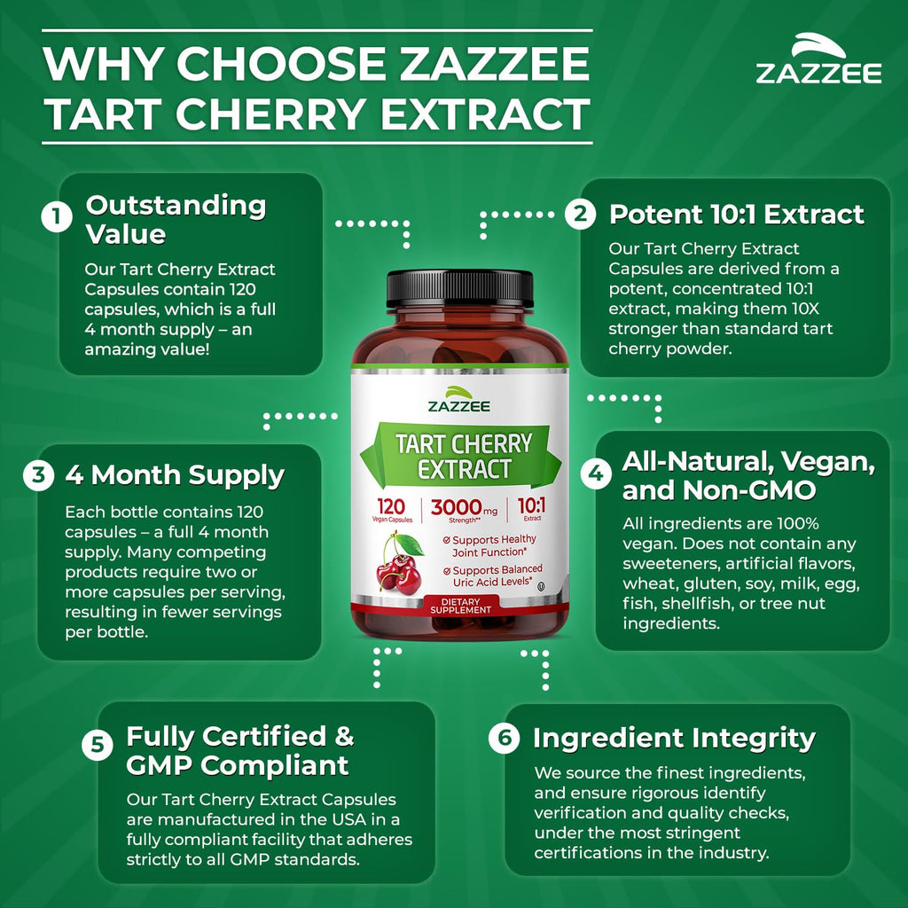 Zazzee Tart Cherry 10:1 Extract, 60 Vegan Capsules, 2 Month Supply, Montmorency Cherry, Certified Kosher, Joint & Uric Acid Support, Antioxidant Support Formula, Non-GMO, Made in the USA