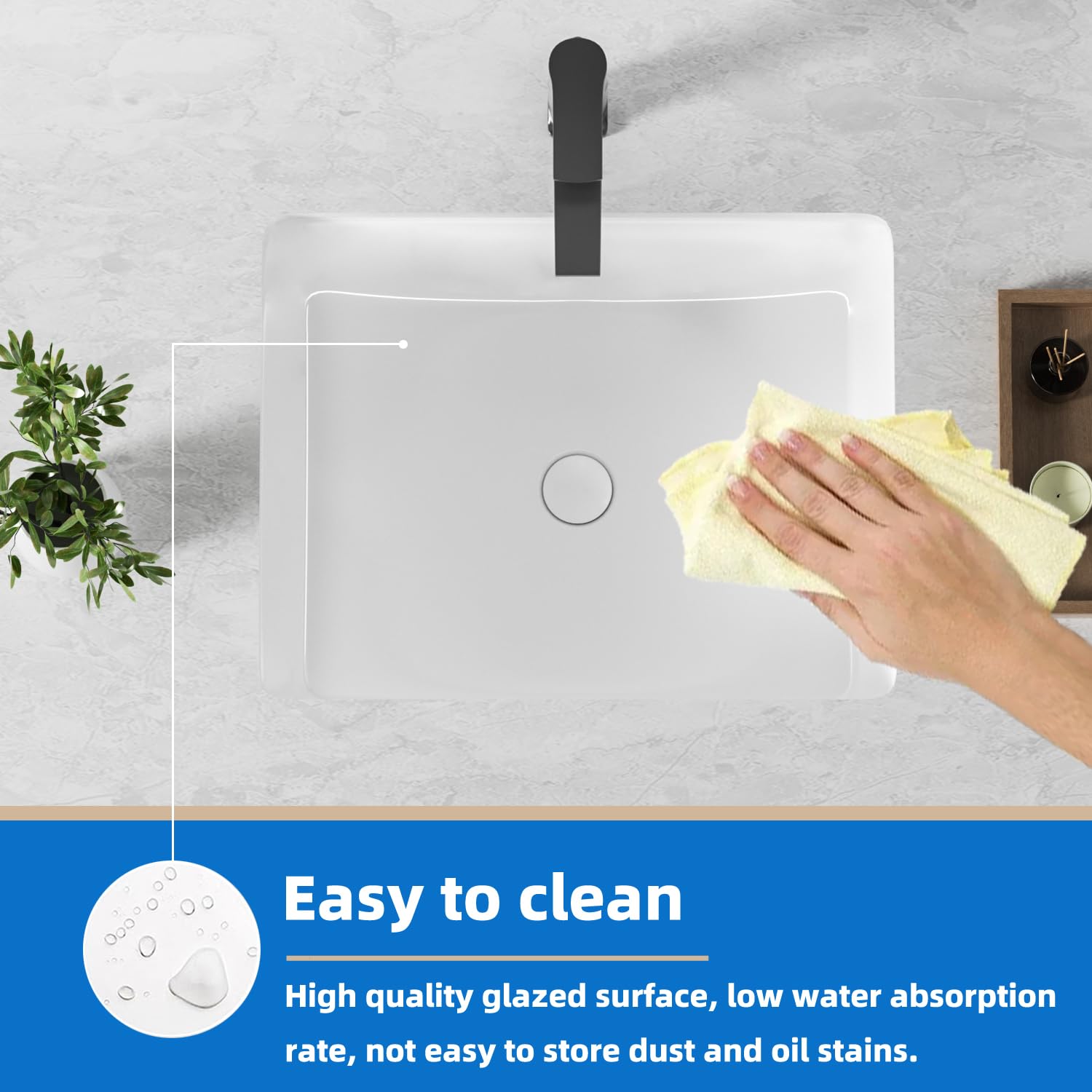 KINGWONG 14 Inch Small Square Undermount Bathroom Sink, 13.75" Ceramic White Porcelain Under Counter Basin for Vanity, Modern Rectangular Sink with Overflow Hole, Easy to Clean, Interior 11.5" x 11.5"
