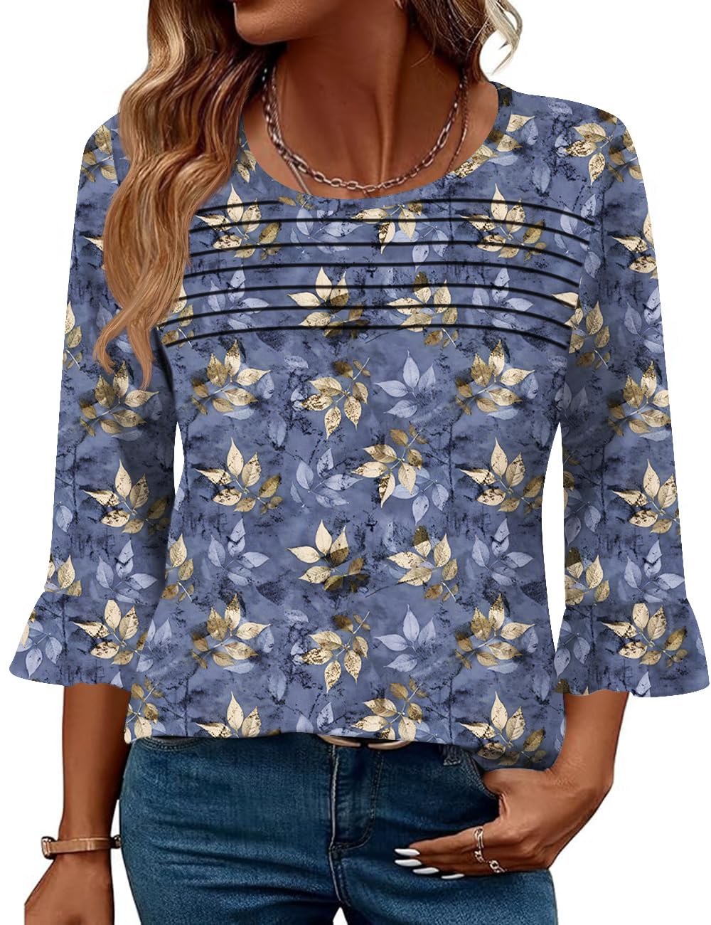 Blingfit Womens Tops 3/4 Length Sleeve Dressy Casual Shirts Bell Sleeve Front Pleated Fasion Trendy Summer Blouses 2026