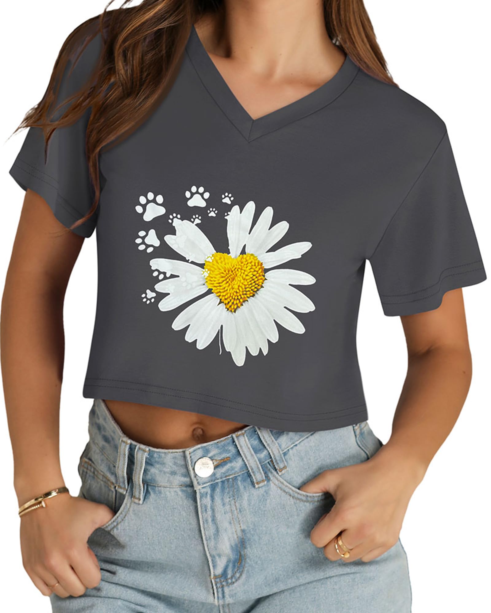 Womens Crop Tops Summer Baisc Tees V Neck T Shirts Casual Short Sleeve Cropped Top 2026