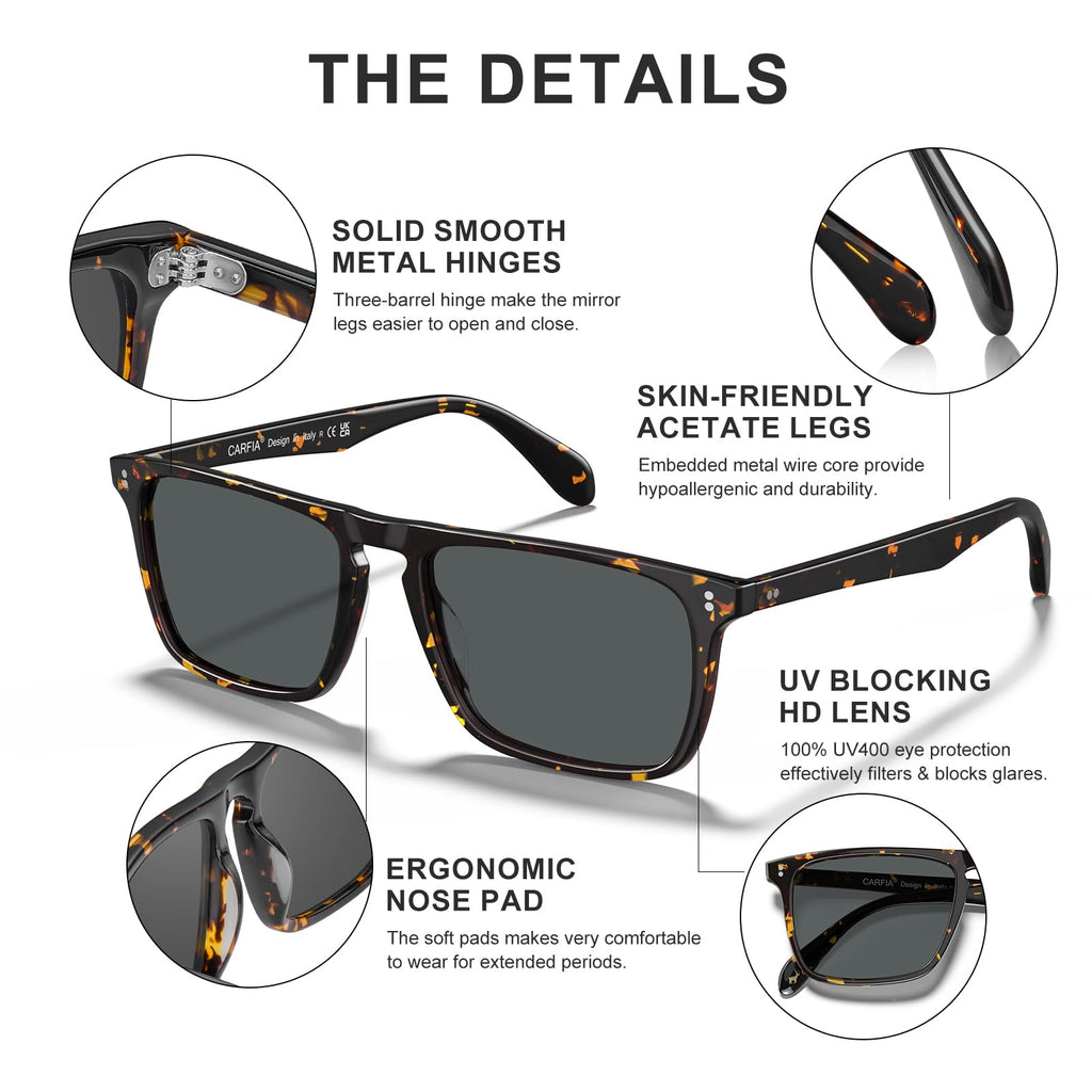 CARFIA Retro Polarized Sunglasses for Men UV Protection Hand-crafted Acetate Frame Fashion Cool Sun Glasses CA53572