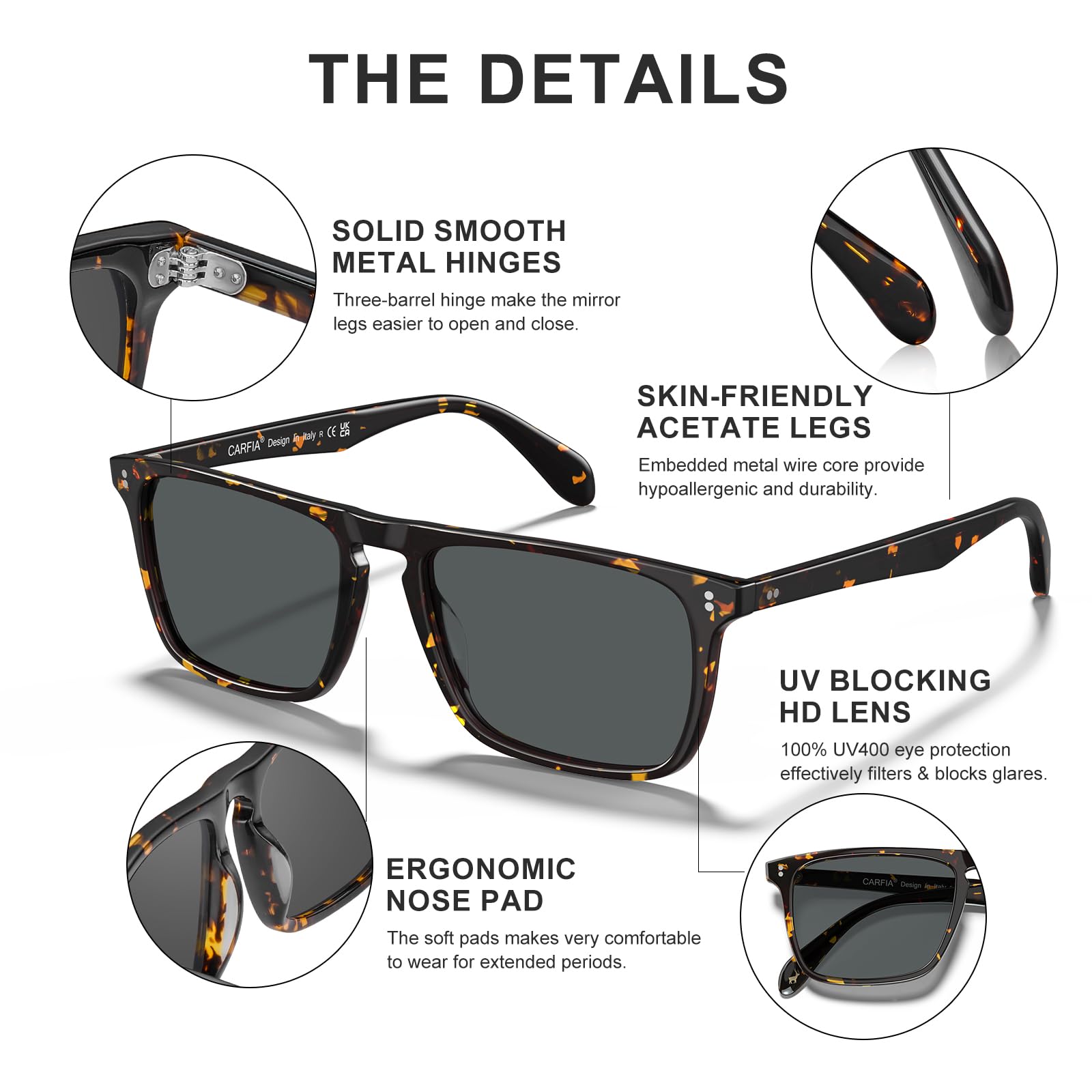 CARFIA Retro Polarized Sunglasses for Men UV Protection Hand-crafted Acetate Frame Fashion Cool Sun Glasses CA53572