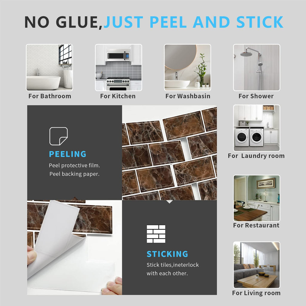 URCOLOR 10-Sheet Back Splashes for Kitchens Peel and Stick,12"x12" Self Adhesive Subway Wall Tiles Stick on backsplash Tiles for Bathroom Black Marble