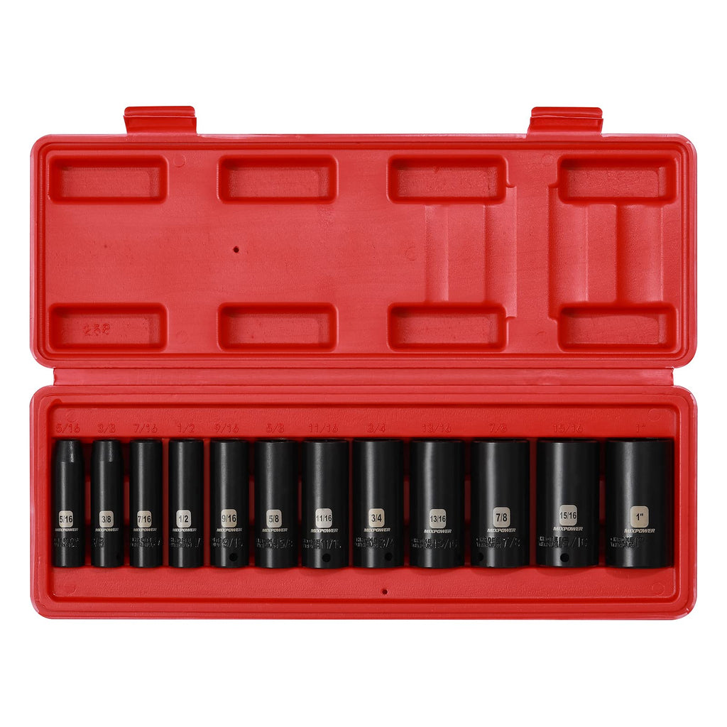 MIXPOWER 12 Pieces 3/8-Inch Drive Shallow Impact Socket Set, 5/16 to 1 inch, CR-V, SAE, 6 Point, Shallow, 12 Pieces 3/8" Dr. Socket