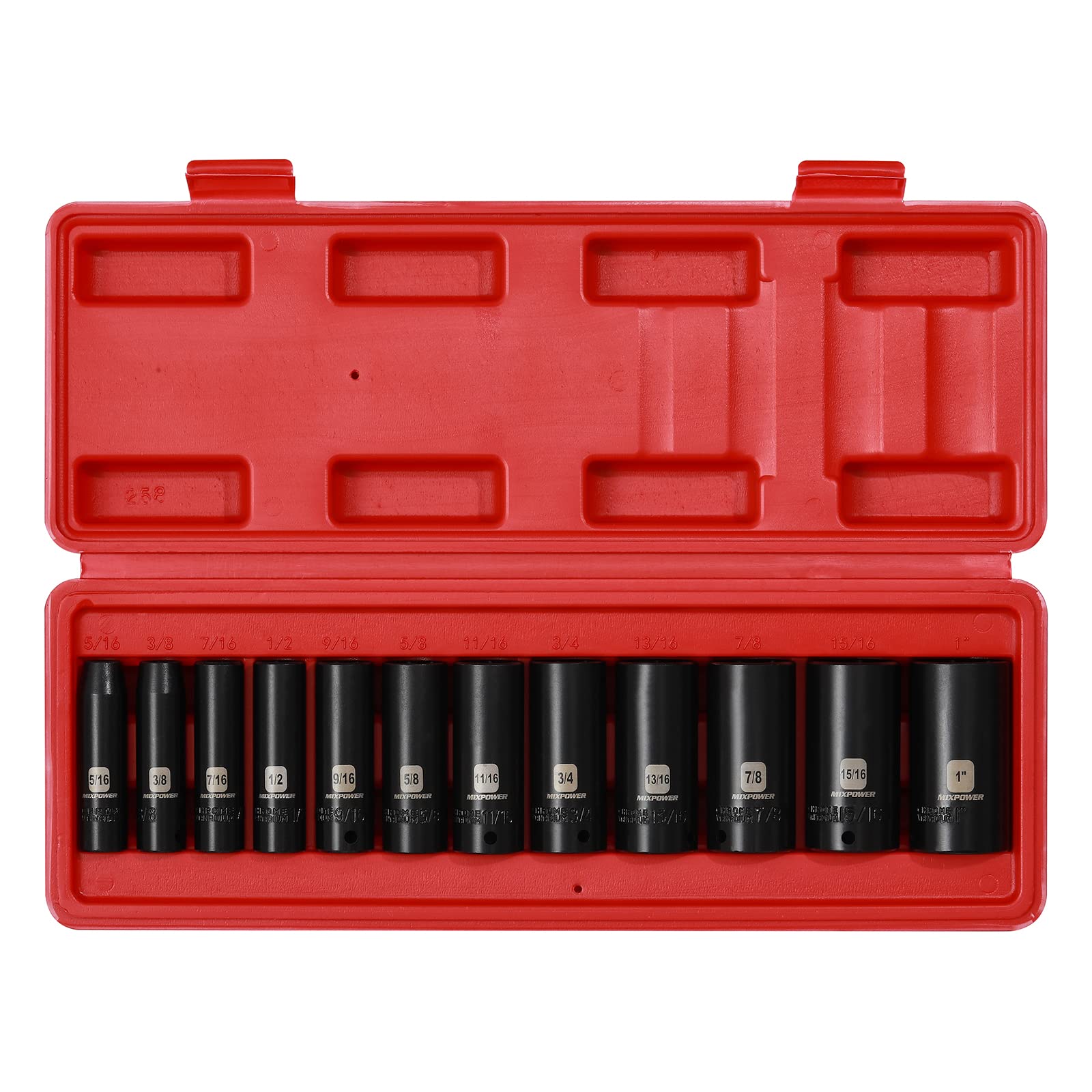 MIXPOWER 12 Pieces 3/8-Inch Drive Shallow Impact Socket Set, 5/16 to 1 inch, CR-V, SAE, 6 Point, Shallow, 12 Pieces 3/8" Dr. Socket