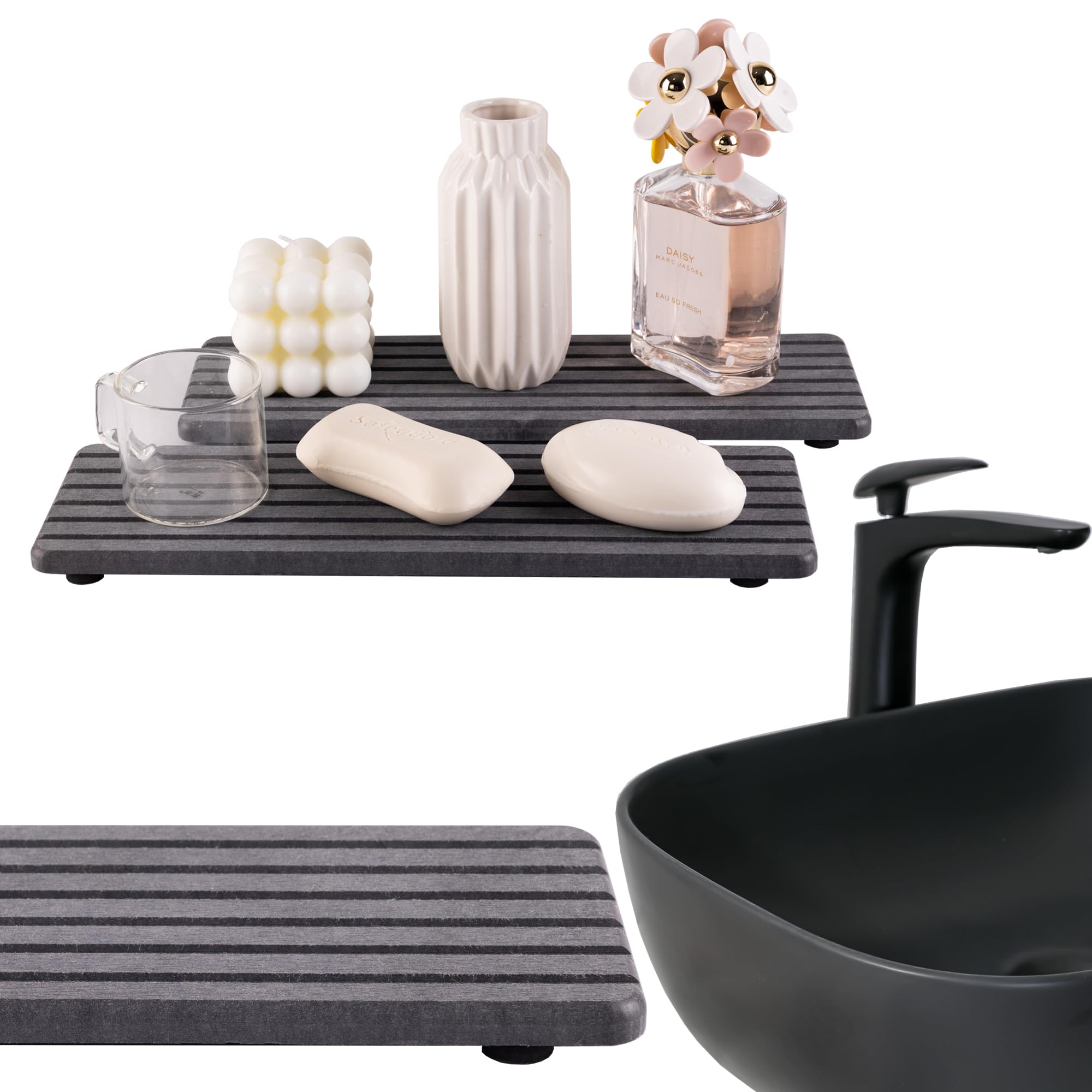 NiuYichee 2 PCS Water Absorbent diatomite Coasters, 7.1" x 3.5" Water Absorbing Stone Tray for Sink, Stone Drying mat for Kitchen Counter, Stone soap Tray Used for Hand Soaps & toiletries & Plants