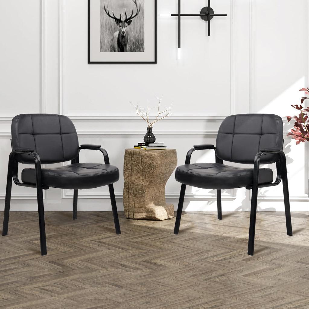 CLATINA Big & Tall 500 lbs Leather Office Reception Chair No Wheels with Padded Arms, Waiting Room Guest Chair for Elderly Home Desk Conference Room Lobby Side Salon Clinic, Black