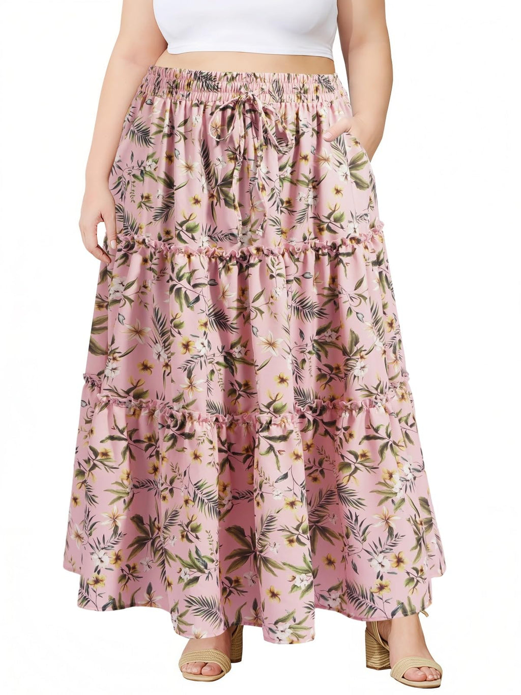Moon Wood Plus Size Maxi Skirts for Women Trendy Long Flowy Boho Tiered Skirt Renaissance Summer Beach Skirt with Pockets
