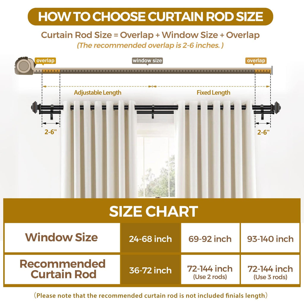KAMANINA 1 Inch Double Curtain Rods 36 to 72 Inches (3-6 Feet) Telescoping Dark Silver Curtain Rod for Windows 24 to 68 Inches, Heavy Duty Drapery Rods with Square Finials