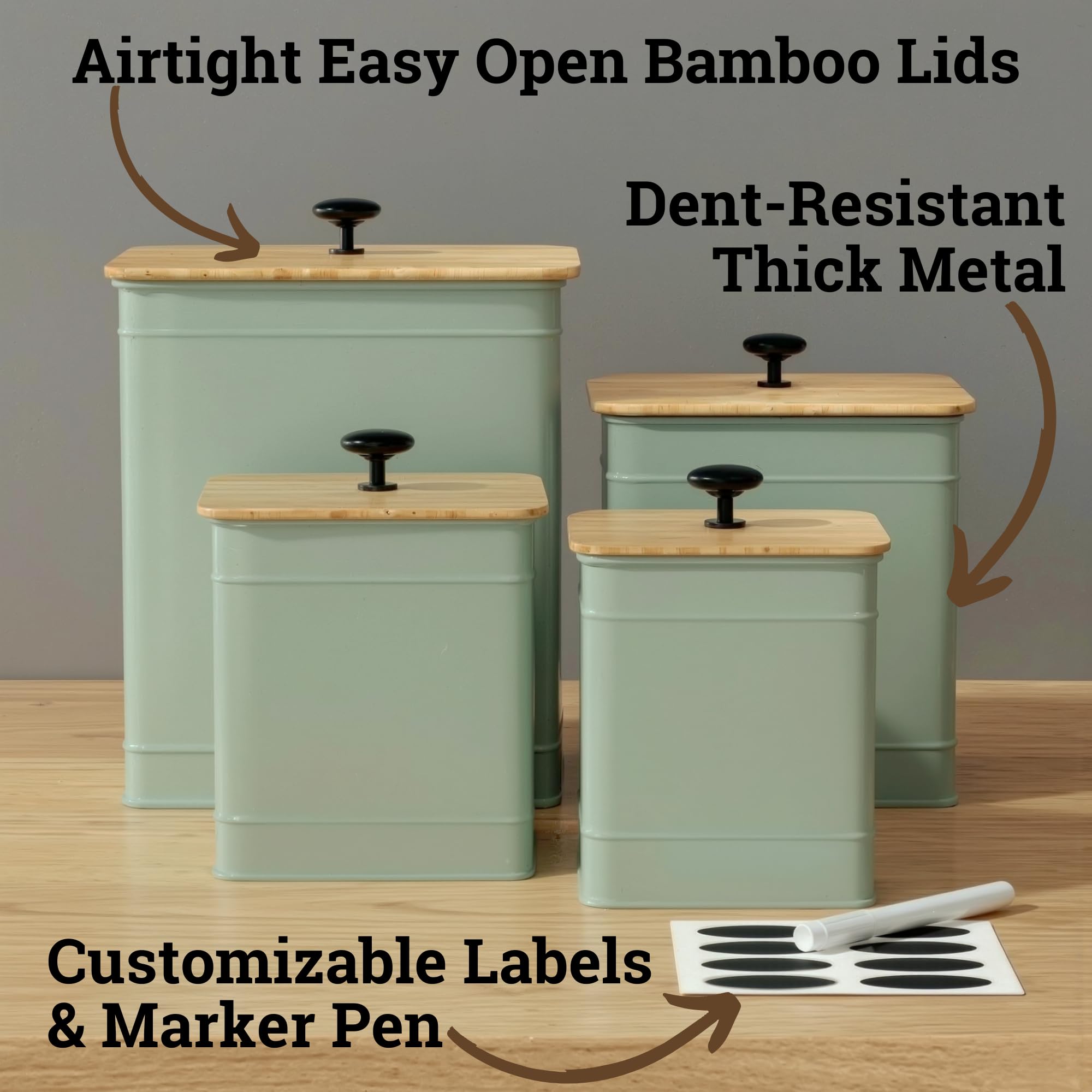 Kitchen Canisters for Countertop Set of 4 w/ Chalkboard Labels & Marker Pen | Airtight Easy Open Bamboo Lids, Dent-Resistant Thick Metal, Customizable Chalkboard Labels, Marker Pen Included, Set of 4