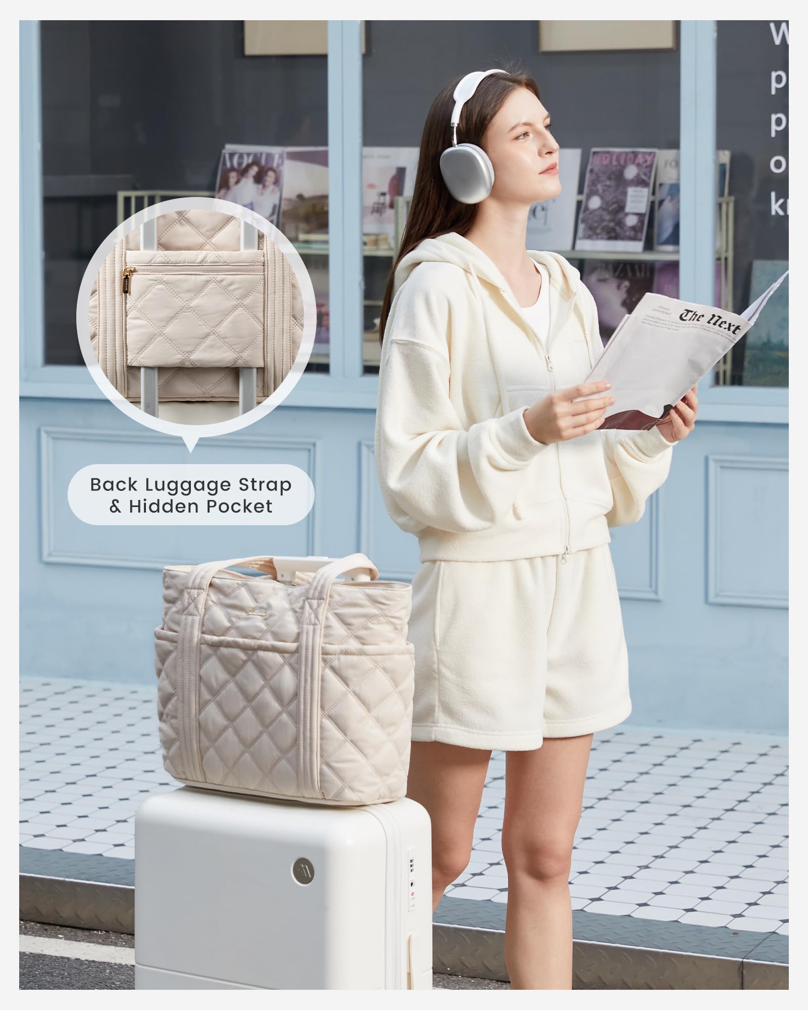 LOVEVOOK Puffer Tote Bag for Women, Puffy Work Handbag with Cup Holder, Travel Carry On Bag with Zipper for Teacher Nurse Gym