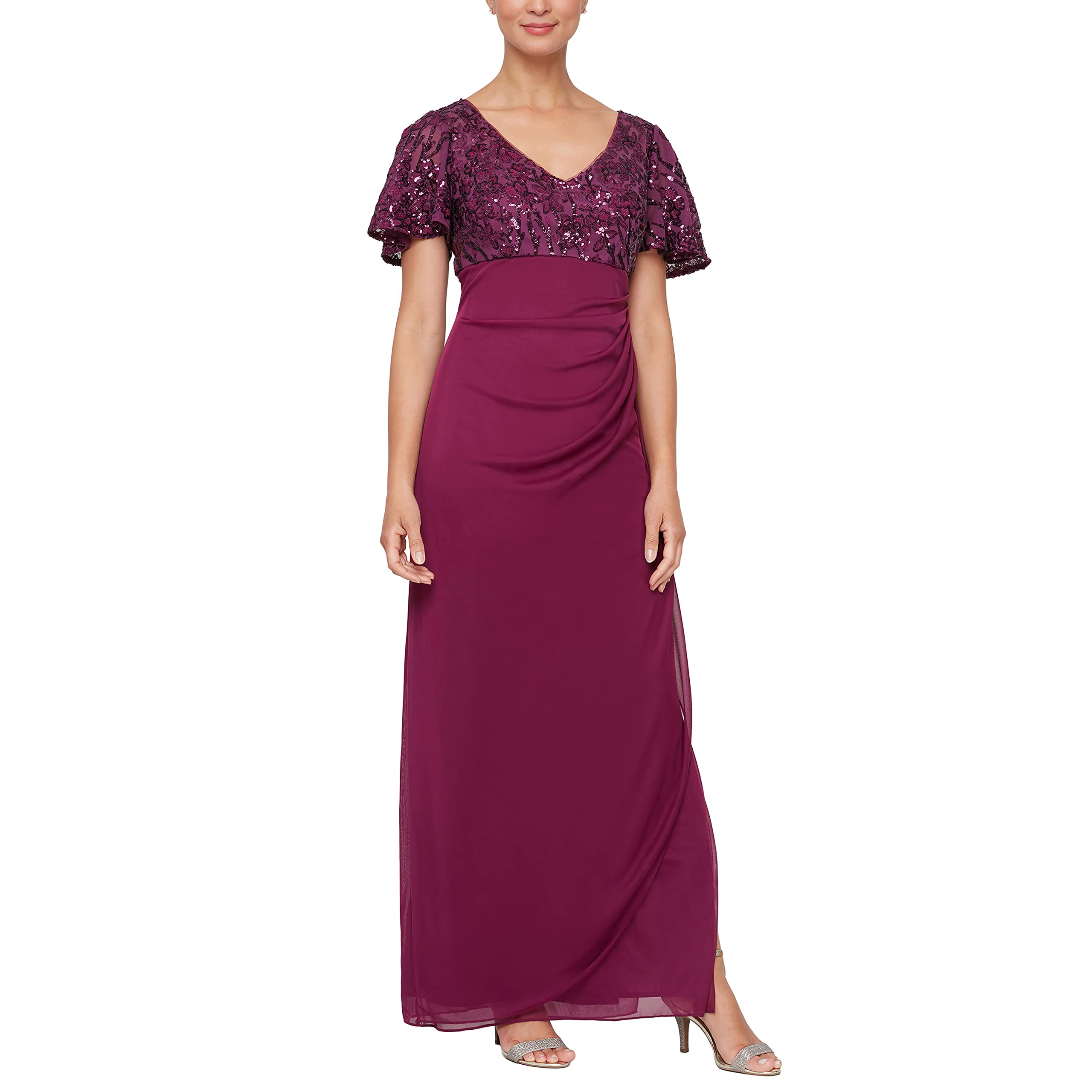Alex Evenings Women's Long Stretch Sequin Bodice Mother of The Bride Dress with Empire Waist (Petite and Regular Sizes)