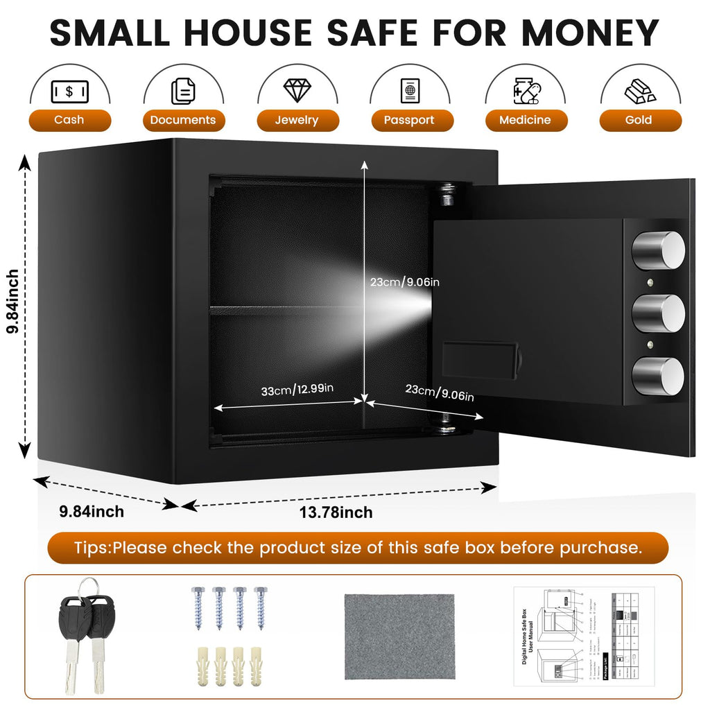 Home Safe Box, Safes with Fireproof Waterproof Bag, 9.84'' H Anti-Theft Digital Security Lock Box with Smart Alert System, Removable Shelf, Mute Function, Document Safes for Jewelry